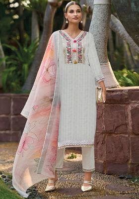 Off White Embroidered Cotton Kurta Set