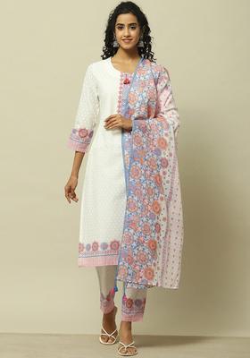 White Printed Cotton Kurta Set