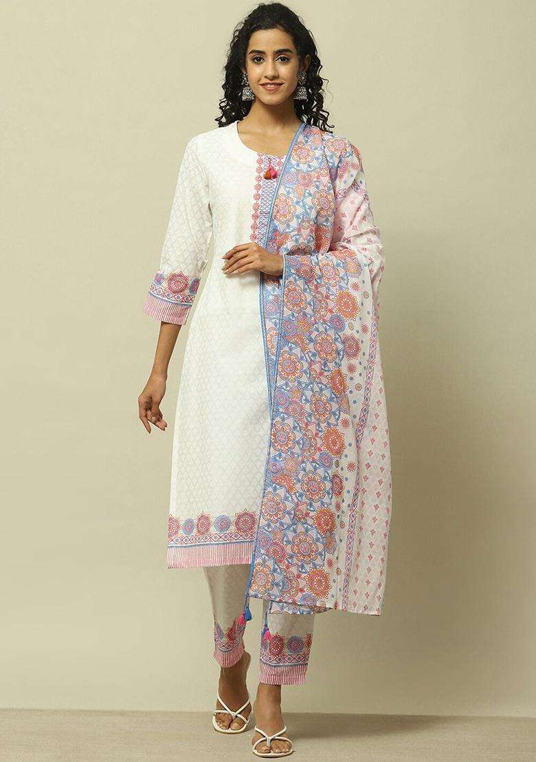 White Printed Cotton Kurta Set - Indya