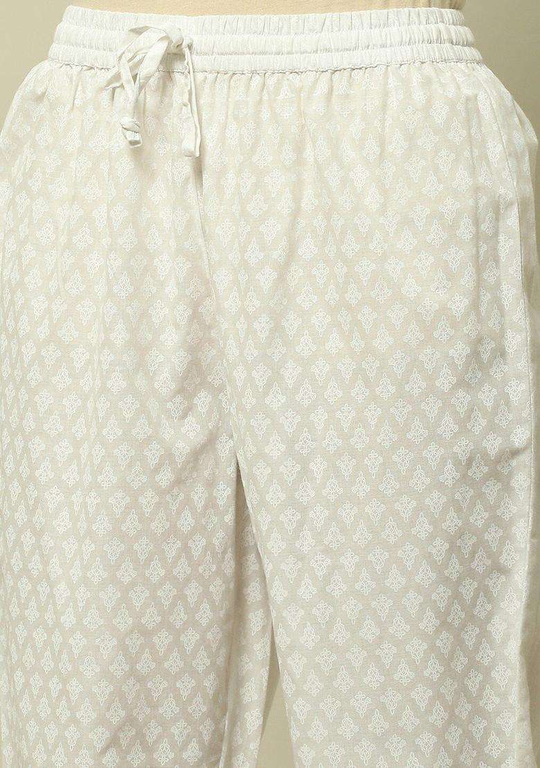 White Printed Cotton Kurta Set - Indya