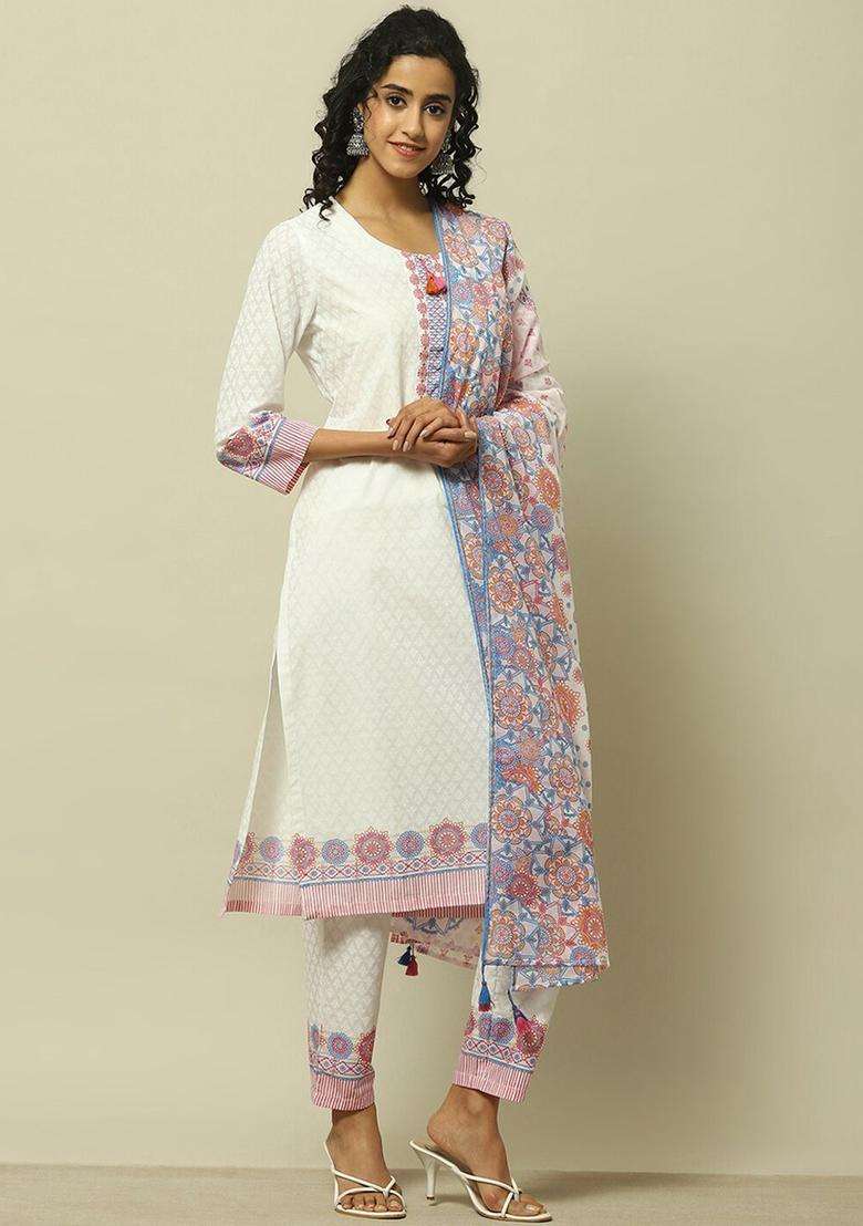 White Printed Cotton Kurta Set - Indya