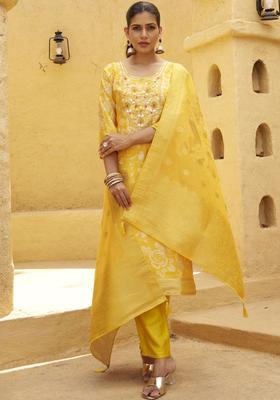 Yellow Woven Design Silk Blend Kurta Set