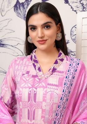 Purple Printed Cotton Kurta Set