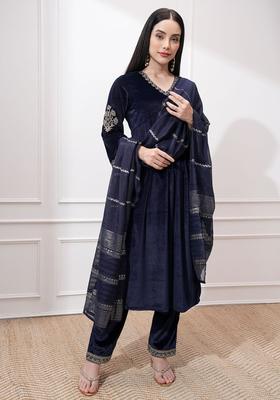 Navy Blue Embroidered Polyester Kurta Set