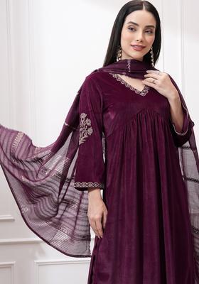 Purple Embroidered Polyester Kurta Set