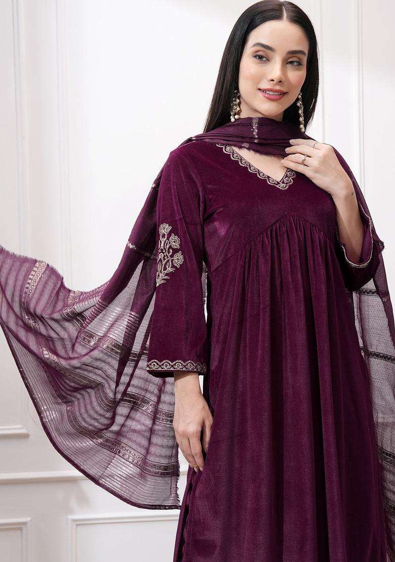 Purple Embroidered Polyester Kurta Set - Indya