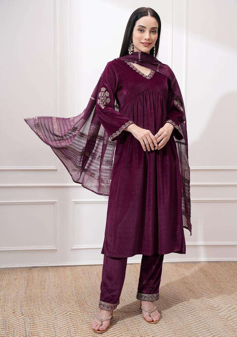 Purple Embroidered Polyester Kurta Set - Indya