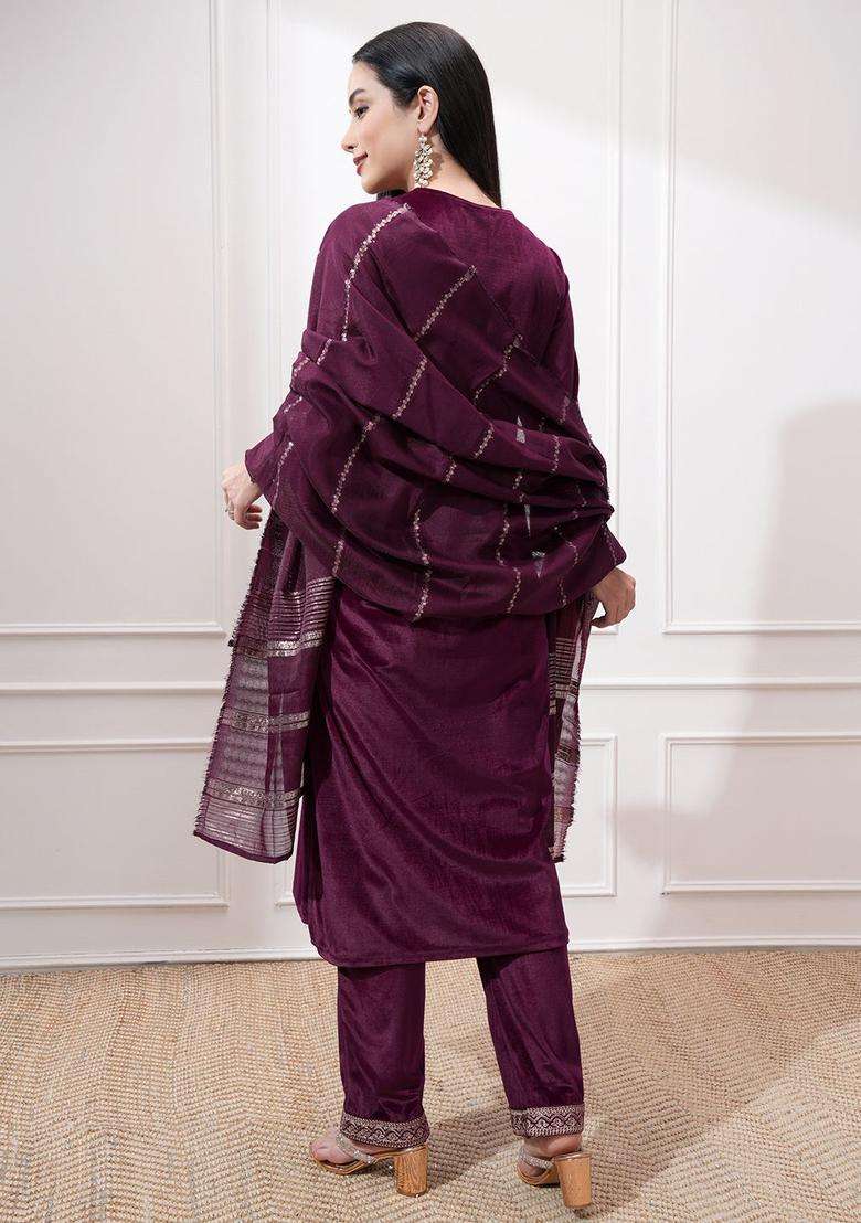Purple Embroidered Polyester Kurta Set - Indya