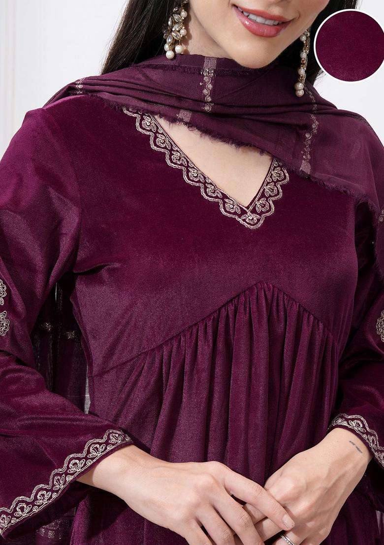 Purple Embroidered Polyester Kurta Set - Indya