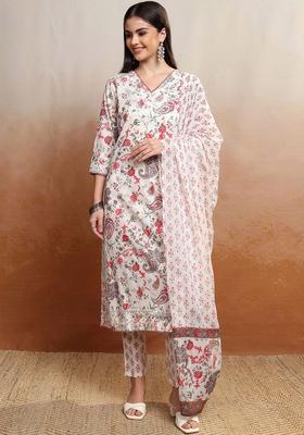 Red Printed Cotton Kurta Set