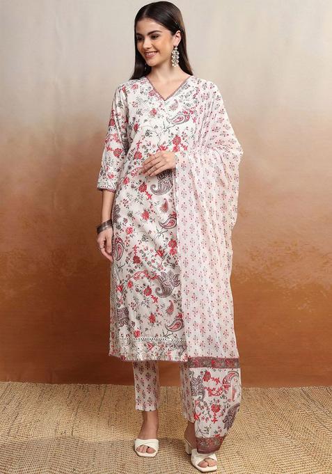 Red Printed Cotton Kurta Set — view on Indya