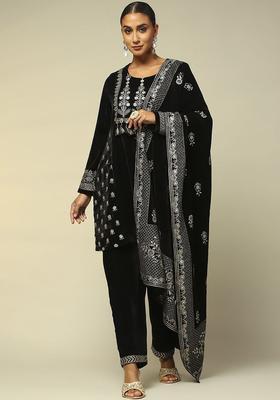 Black Embroidered Polyester Kurta Set