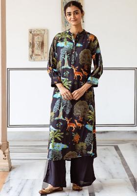 Blue Printed Viscose Kurta Set
