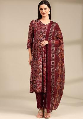 Maroon Printed Viscose Kurta Set