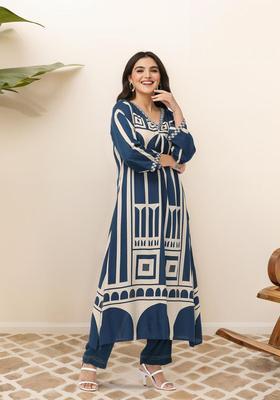 Blue Printed Viscose Kurta Set