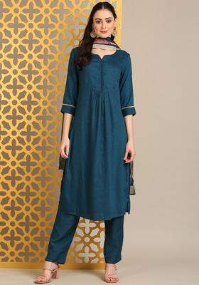 Teal Embroidered Viscose Kurta Set