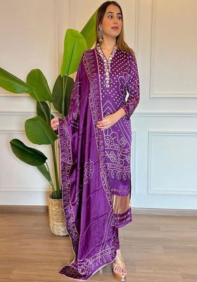 Purple Printed Viscose Kurta Set