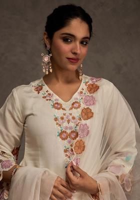 Off White Embroidered Silk Blend Kurta Set