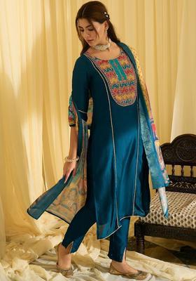 Teal Yoke Design Silk Blend Kurta Set