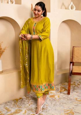 Lime Green Embroidered Silk Kurta Set