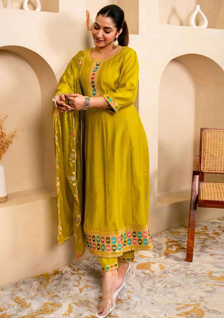 Lime Green Embroidered Silk Blend Kurta Set - Indya