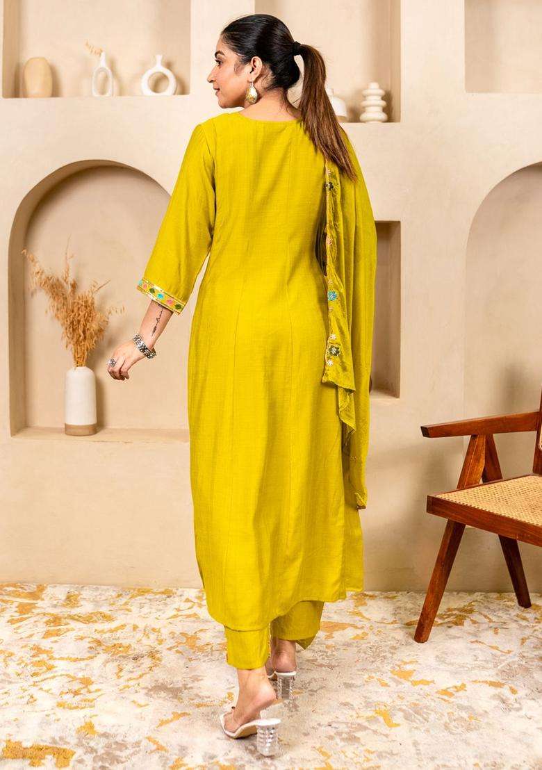 Lime Green Embroidered Silk Blend Kurta Set - Indya