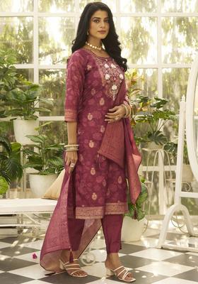 Maroon Woven Design Silk Blend Kurta Set