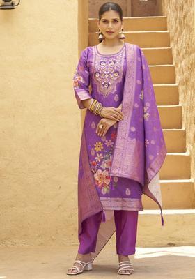 Purple Woven Design Silk Blend Kurta Set
