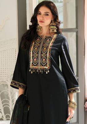 Black Yoke Design Cotton Kurta Set