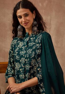 Green Printed Viscose Anarkali Set