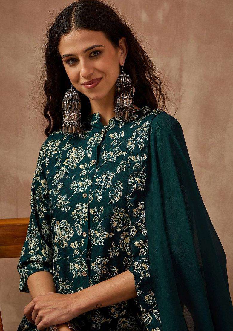 Green Printed Viscose Anarkali Set - Indya