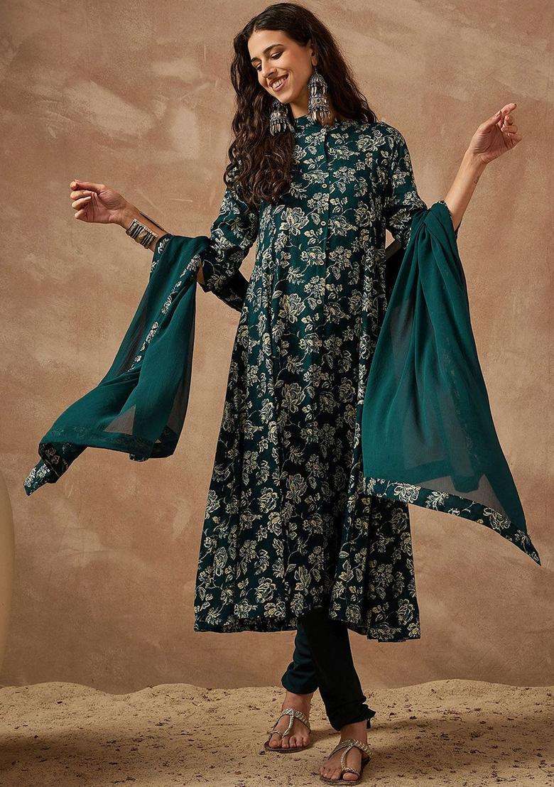 Green Printed Viscose Anarkali Set - Indya