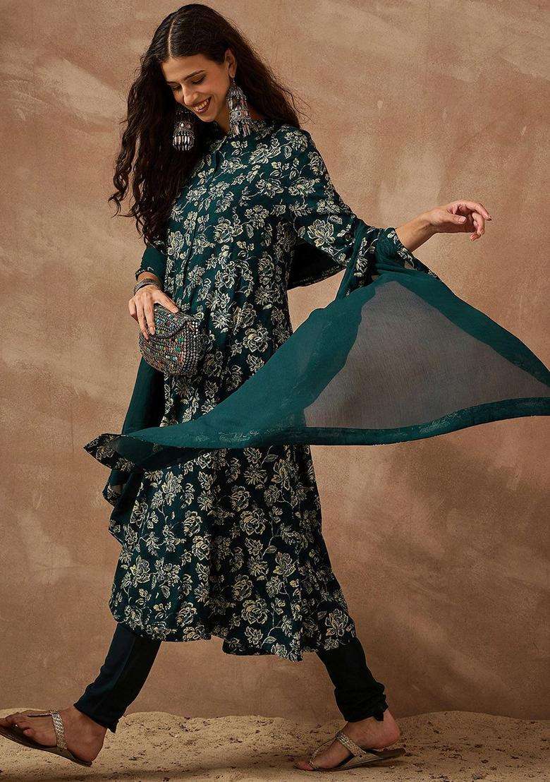 Green Printed Viscose Anarkali Set - Indya