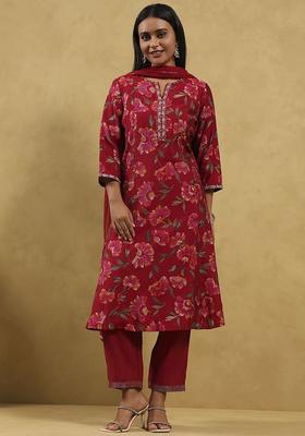 Red Printed Viscose Kurta Set