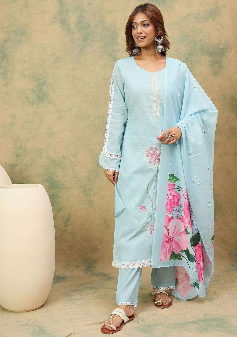Turquoise Blue Embroidered Cotton Kurta Set - Indya