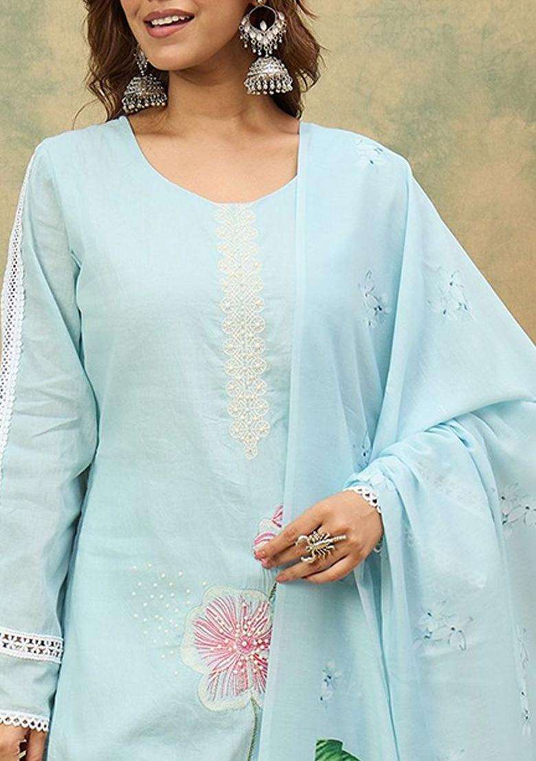 Turquoise Blue Embroidered Cotton Kurta Set - Indya