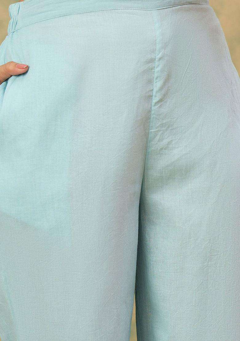 Turquoise Blue Embroidered Cotton Kurta Set - Indya