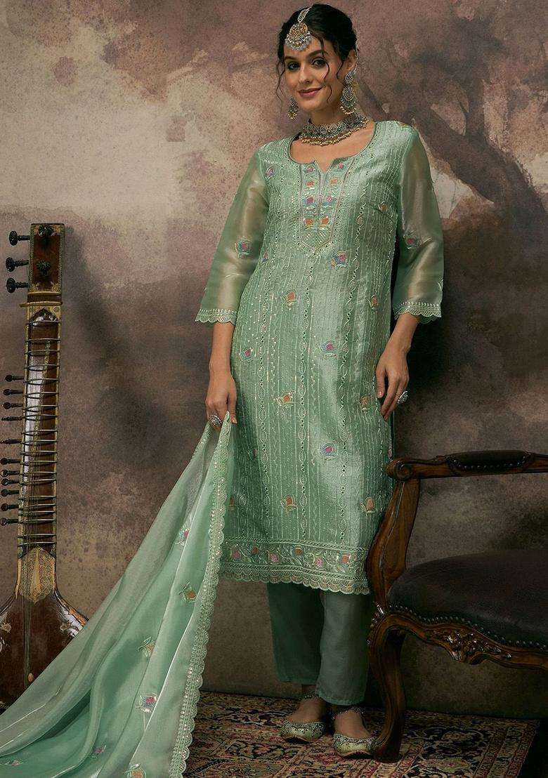 Sea Green Embroidered Silk Blend Kurta Set - Indya