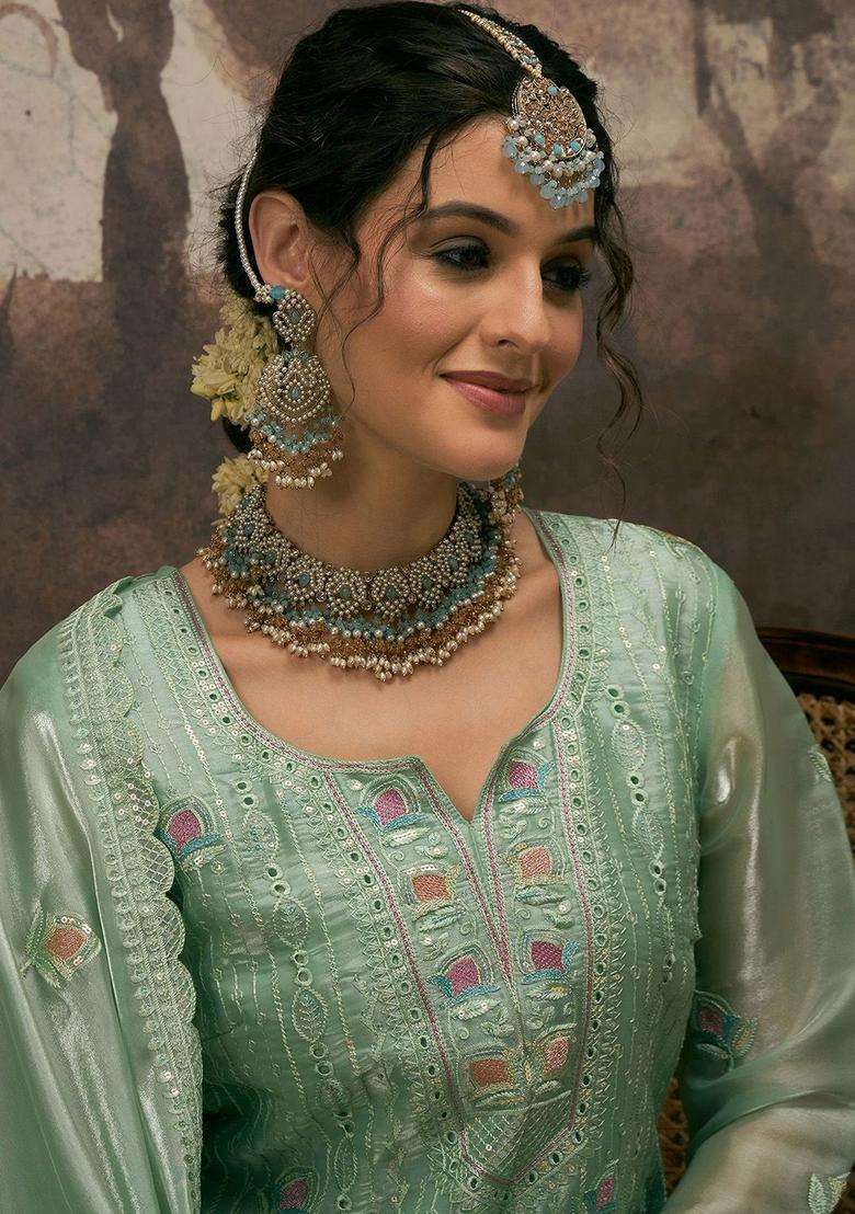 Sea Green Embroidered Silk Blend Kurta Set - Indya