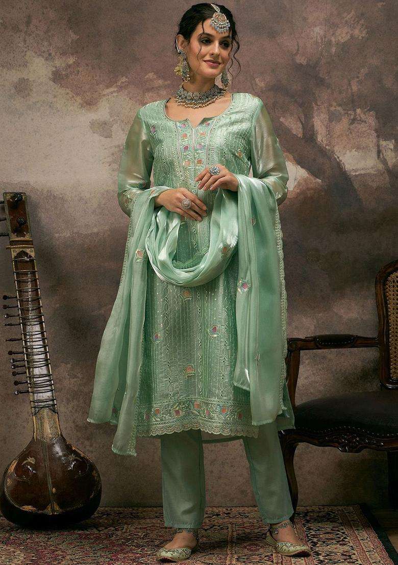 Sea Green Embroidered Silk Blend Kurta Set - Indya