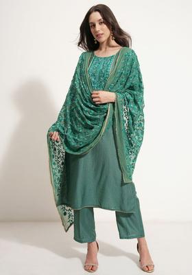 Green Self Design Nylon Kurta Set