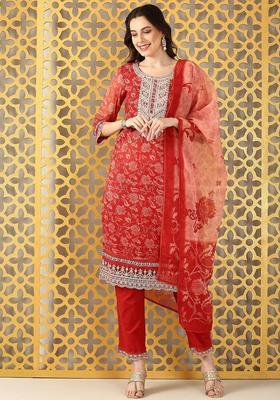 Red Printed Organza Kurta Set