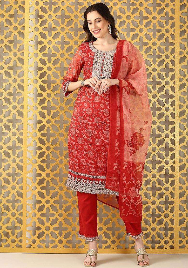 Red Printed Organza Kurta Set - Indya