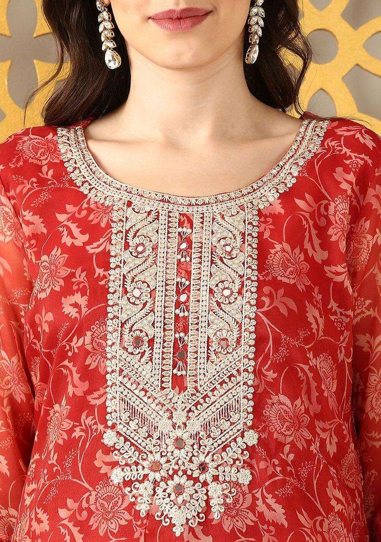 Red Printed Organza Kurta Set - Indya