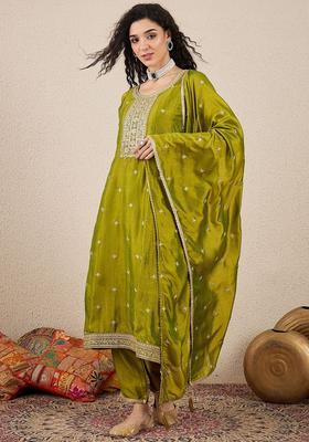 Olive Embroidered Silk Anarkali Set