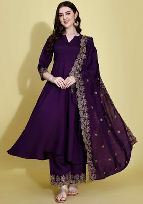 Purple Solid Silk Blend Kurta Set