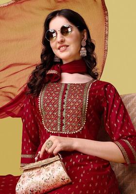 Maroon Printed Viscose Kurta Set