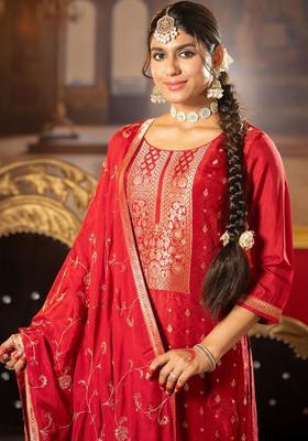 Maroon Woven Design Silk Blend Kurta Set