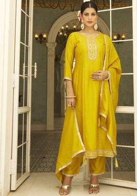 Yellow Embroidered Silk Blend Anarkali Set