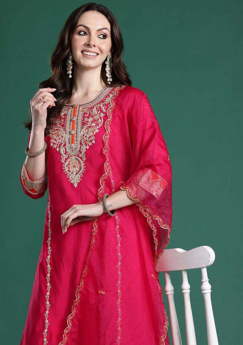 Pink Solid Silk Blend Kurta Set - Indya